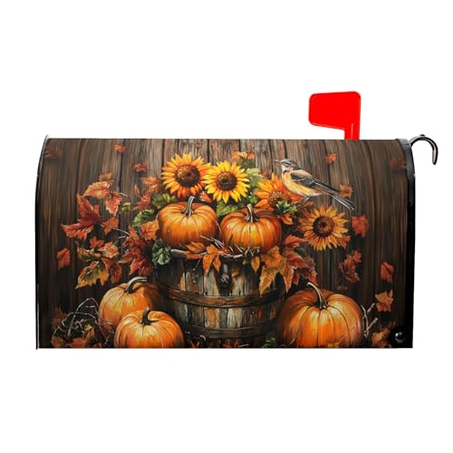 Image of Fall Mailbox Covers Magnetic Standard Size 21x18 Inch Autumn Pumpkins Mailbox Wraps Thanksgiving Harvest Post Letter Box Cover Sunflowers Mailbox Post Protector for Home Garden Yard Outdoor Outside
