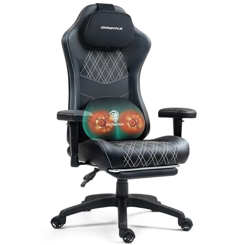 Sedia da gaming, ergonomica, da ufficio, con massaggio e riscaldamento, cuscino a molle insacchettate, come nel divano, sedia girevole in PC, con supporto lombare e poggiapiedi, nero e bianco - Sedia gaming - Immagine 7