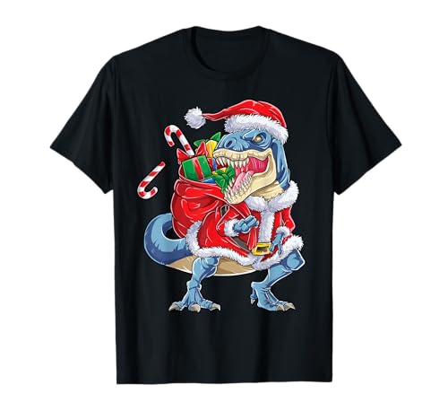 Dinosaur Christmas Santa Claus T rex Boys Men Funny Xmas Maglietta