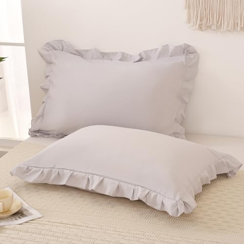 Merryword Beige Gray Pillowcases King Pillowcases Ruffled Pillow Shams Set of 2 Cute Pillowcases Solid Ruffled Fringe Design Light Gray Shabby Chic Pillowcases 2 Pack (King (20''x36''), Beige Gray)