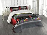 Ambesonne Video Games Coverlet, Arcade Machine Retro Gaming Fun Joystick Buttons Vintage 80's 90's Electronic, 3 Piece Decorative Quilted Bedspread Set with 2 Pillow Shams, Queen Size, Charcoal Red