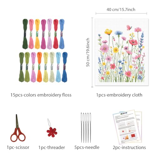 FREEBLOSS 11CT Modern Cross Stitch Kit Cross Stitch Craft Kit with Stitching Guide for Beginners Wildflowers Stamped Embroidery Set Crossstitch Wall Hanging Set 15.8x19.7inch by FREEBLOSS - Image 2