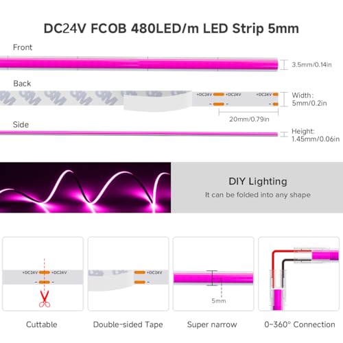 Image of BTF-LIGHTING FCOB COB LED Strip Purple Color 5mm Width UL Listed Super Narrow Flexible Uniform Light DC24V 16.4FT CRI 90+ Dimmable LED Ribbon for Bedroom Home Indoor Decor(No Adapter or Controller)