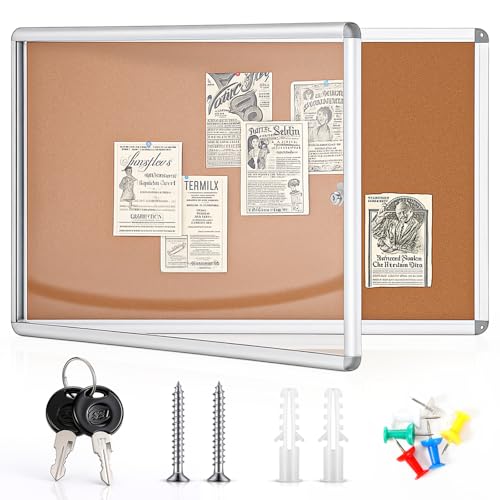 Leinuosen 36" x 24" Lockable Enclosed Cork Bulletin Board, Weather Resistant Wall Mounted Display Case for Office, Classroom, Apartment, School, Holds 9 A4, Weatherproof Design, Aluminum Frame(Brown)