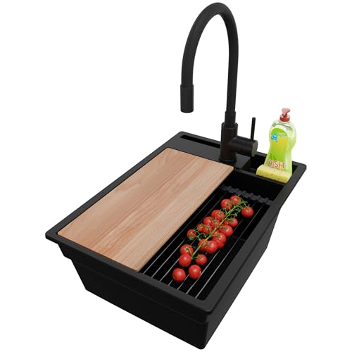 PRIMAGRAN Evier Cuisine en Granit Tout Noir 38x53cm, Lavabo 1 bac + Robinet 40x38cm + Kit de Vidage, Évier à Encastrer au Meuble 40cm - Oslo S056