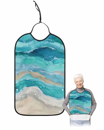 LEOKOTI Teal Coastal Adult Bibs for Eating, Waterproof Bibs with Food Catcher & Adjustable Snap Closure, Summer Beach Nautical Abstract Art Washable Clothing Protectors Adult Bibs for Elderly
