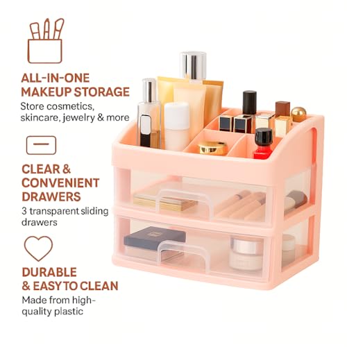 Image of JIALTO Makeup Storage Box and Organiser with 2 Layer Drawers & Top Compartment - Plastic Cosmetic Storage Box for Vanity, Skincare, Perfume, Brushes Lipsticks & More - Desktop Organizer (Pink)