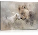 Lion and Lamb Canvas Wall Art Modern Neutral Christian Poster Print Abstract Religious Bible Stories Painting Picture Wall Decor Artwork for Living Room Bedroom Church 12x16in Framed
