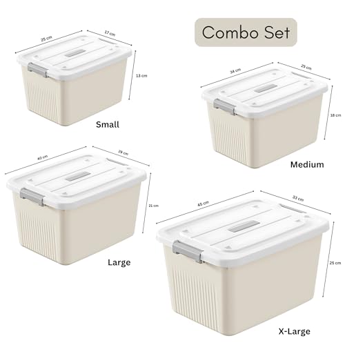 Image of KREPS Plastic Storage Bins With Latching Lids Stackable Containers, Large Storage Box For Bedroom, Basement, Classroom, Camping, Office (CREAM, COMBO SET, PACK OF - 1)