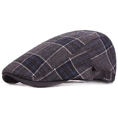 Mongous Mens Classic Plaid Beret Autumn Winter Tweed Wool Flat Cap Newsboy Hat, Blue, One Size Cover