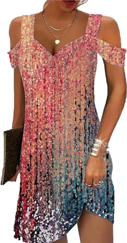 Image of Summer Dresses for Women 2026 Cold Shoulder V Neck Vintage Print A-Line Dress Beach Vacation Boho Mini Sundress