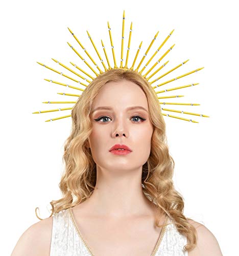 Goddess Halo Crown Sunburst Spiked Headband Women's Halloween Wedding Photoshoot Accessories (2-Gold)