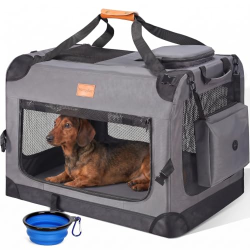 Morpilot Transportbox Hund Katze Transporttasche L 70x52x52cm, Hundebox Faltbare Hundetransportbox, robust Haustier-Transportbox inkl. Hundenapf & Schultergurt, Dunkelgrau