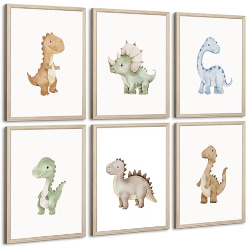 Image of Dinosaur Nursery Wall Art Kids Canvas Poster Boys Room Wall Decor Watercolor Dino Wall Art Toddler Baby Pictures Dinosaur Prints Nursery Artwork for Boys Room Bedroom 12x16x6 Inch Wood Framed