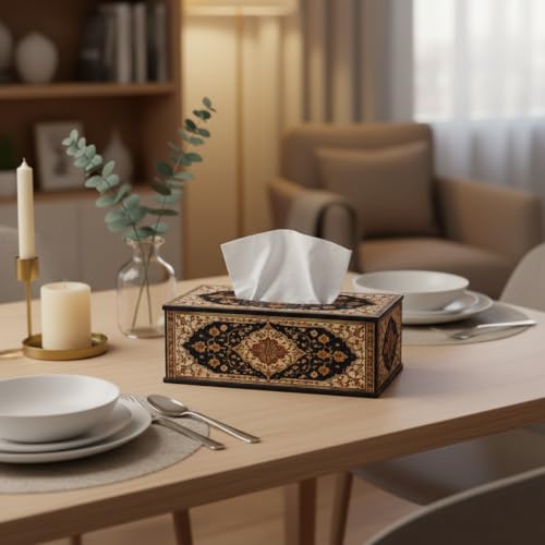 Image of Dark Blue Classic Persian Floral Tissue Box Holder Wooden Decorative Tissue Box Cover for Home & Office 6.5x5x3 Inch