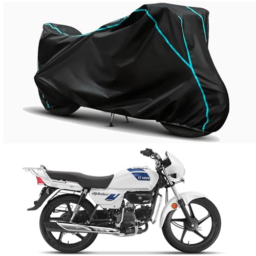 Image of Waterproof Bike Body Cover Compatible for | Hero Splendor Plus XTEC BS6 | Taffeta Fabric, Sky Piping Design, Bottom Elastic Fit | Dustproof, Sun UV & Rain Protection for All Weather.