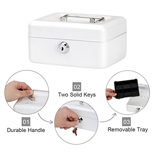 Image of Decaller Small Cash Box with Key Lock, Double Layer Metal Money Box for Home Security, Portable Locking Box, 5.9 inch x 4.7 inch x 3.2 inch, White
