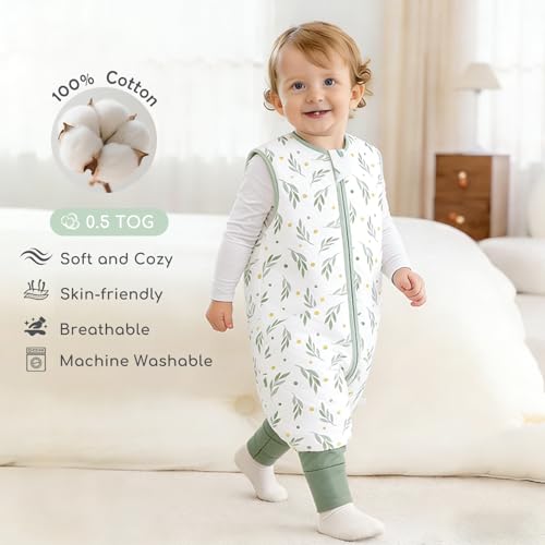 Image of Chilsuessy Toddler Sleep Sack with Feet 3-4 T, 0.5 TOG Cotton Baby Wearable Blanket with Legs, Sleep Bag Walker with 2-Way Zipper, Green Wheat Ears