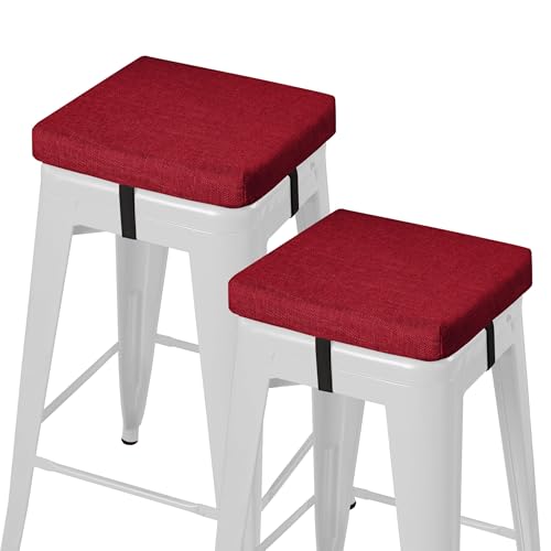Image of AddGrace Anti-Slip Bar Stool Cushions Square Bar Stool Seat Cushions with Ties Set of 2 Small Square Chair Pads with Machine Washable Cover 12 inchX12 inchX2 inch (Red)