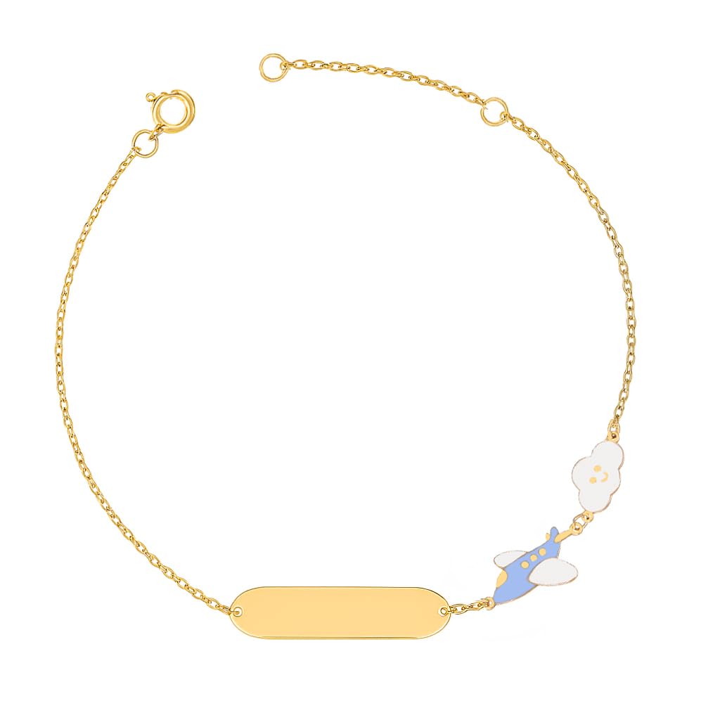 Sakrami Bracciale Bambino, Bambina Oro 9KT con Aeroplano Azzurro e Nuvola – Piastrina Incidibile + Scatola Personalizzata – Idea Regalo Nascita, Battesimo, Comunione o Compleanno