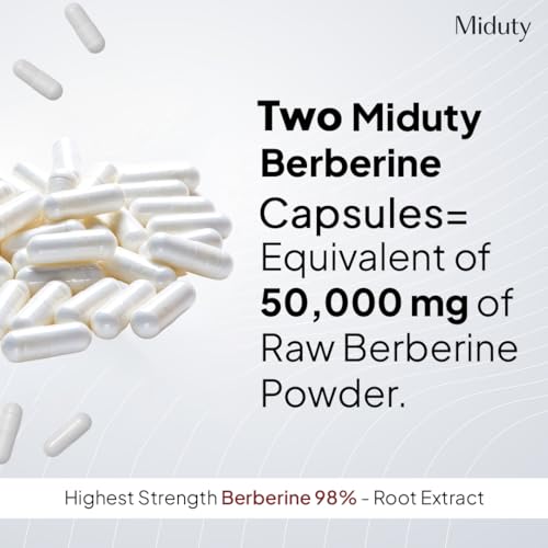 Image of Miduty High Strength Berberine HCL 98% For Metabolism & Blood Sugar Control- Diabetic and Pre-Diabetic Care - Stop Sugar Cravings | 30 Veg Capsule