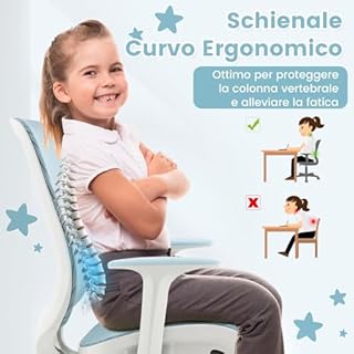 COSTWAY Sedia da Scrivania per Bambini, Sedia Girevole per Computer con Altezza Regolabile, Ruote con Freno, Braccioli Morbidi, Mobile Ergonomica per Bambini 6-15 Anni (Blu)