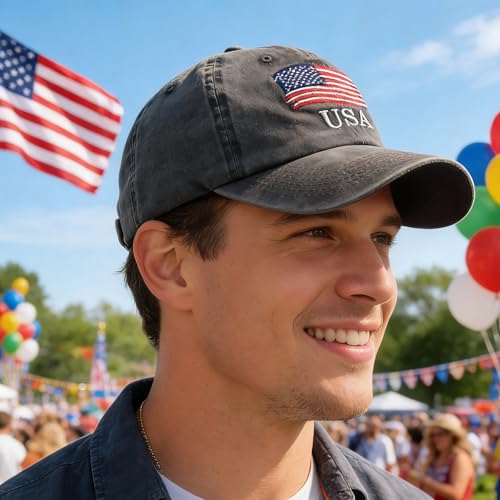 Image of IZUS Men's USA-Flag-Embroidered Baseball-Cap Washed-Cotton Dad-Tracker-Hat American-Independence-Day