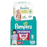 Diapers Size 5, 128 Count and Baby Wipes - Pampers Pull On Cruisers 360° Fit Baby Diapers with Stretchy Waistband, ONE MONTH SUPPLY with Sensitive Wipes, 6X Pop-Tops, 336 Count (Packaging May Vary)