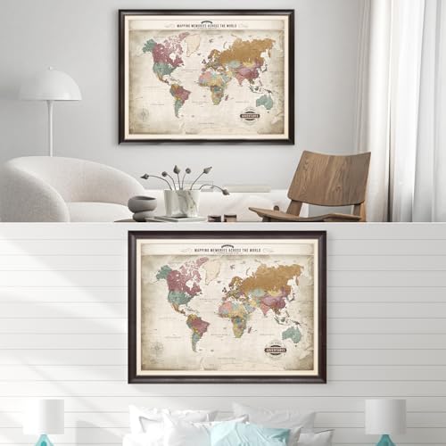 Image of DECORARTS - Oversized Personalized World Travel Map with Pins, Custom Name, Pin Board Canvas Wall Art, Vintage Pastel World Decor, Optional Wood Frame, Giclee Print, Handcrafted in USA, 40x30''