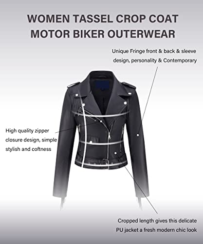 XULIKU Women Short Faux Leather Moto Jacket,Fall Spring Tassel Trim Lapel Zipper Up Pleather Coat Belted4