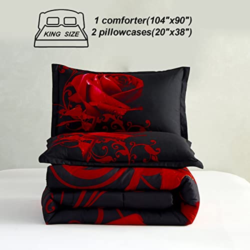 Red Comforter Set King Reversible Red Rose Pattern Printed Bedding Down Comforter With 2 Pillowcases For All Seasons, Soft Microfiber Lightweight Bedding Set 104"X90" #TOP5