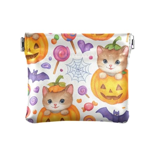 Cute Halloween Pumpkin Cat Squeeze Coin Purse, Leather Coin Purse, Mini Wallet, Compact and Portable, Unisex