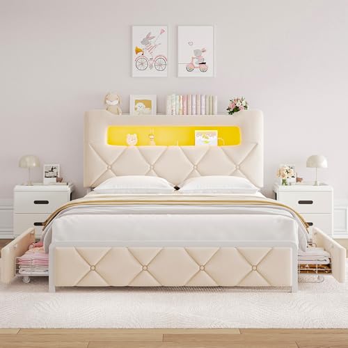 Image of Queen Upholstered LED Bed Frame with 2 Storage Drawers and 2-Tier Storage Headboard,Velvet Princess Platform Bed with Charging Station&Bookcase,Heavy Duty Metal Support,No Box Spring Needed,Beige