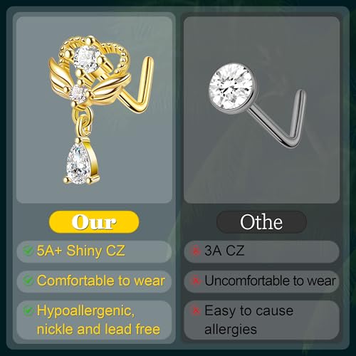 REVOLIA 20Pcs 20G Surgical Steel Dangle Nose Rings L Shaped Nose Ring Studs for Women Men CZ Heart Moon Dangling Flower Butterfly Nose Piercing Jewelry4