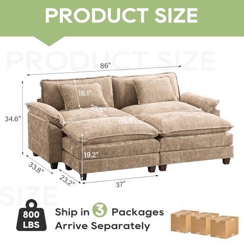 Image of Oprisen 86 inch Modular Sectional Sofa, Comfy Cloud Couch Sectional Sofa with Ottomans, Chenille Sofa Sleeper Deep Seat Sofa with Throw Pillows for Living Room (Khaki)
