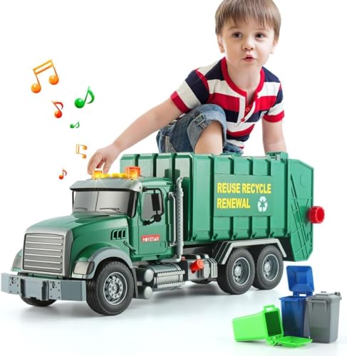 Fohouse Kid Trucks, 15" Large Garbage Truck Toy, Friction Powered Waste Management Garbage Truck with Lights and Sounds,3 Trash Cans, Kids Toys for 3+ Years Old Boys, Vehicles for Kids Toddlers Gifts