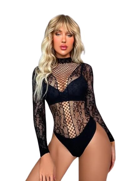 Black Lace Fishnet Bodysuit, Long Sleeve, High Neck, Sheer Lingerie for Women-image-30