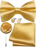 Ailisus Mens Gold Bow Tie and Pocket Square Cufflinks Lapel Pin Set Silk Pre-tied Bowtie Adjustable Wedding Party Business