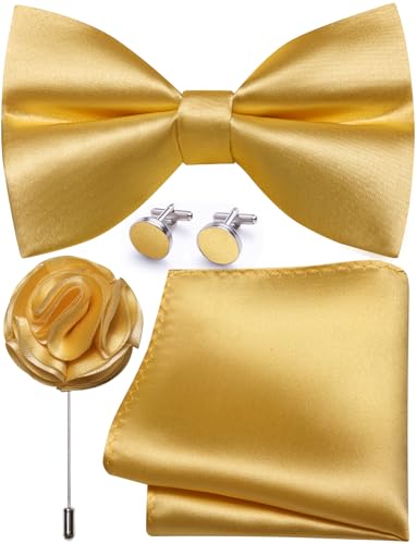 Image of Solid Color Bow Ties for Men Silk Pre-tied Tuxedo Bowtie Set 4PCS | Pre-tied in 3 seconds,adjustable 4PCS bow tie and pocket square cufflinks lapel pin set,wedding,formal,party,prom,graduation