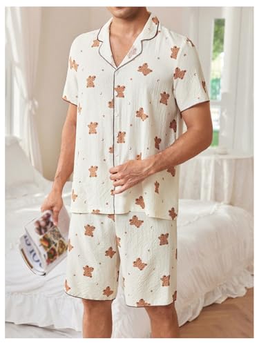 Men's 2 Piece Pajama Set Cartoon Bear Graphic Short Sleeve Button Down Shirt and Shorts Pjs Sleepwear Loungewear3