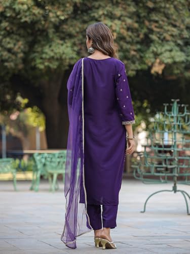 Image of Vaamsi Women's Silk Blend Floral Embroidered Straight Kurta Pant With Dupatta With Cotton Inner
