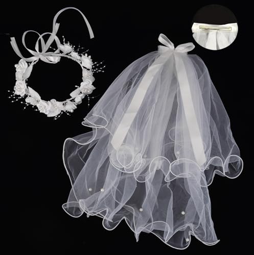 Girls First Communion Veil White Pearl Flower Crown Communion Veil3