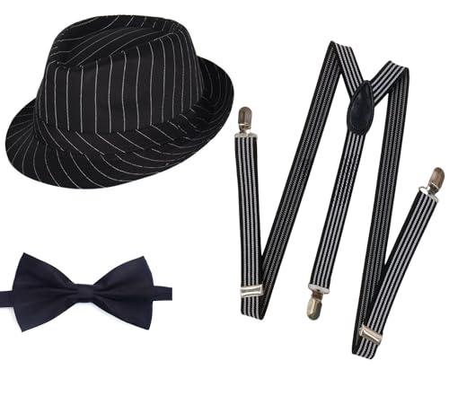 Soffpjy 1920s Mens Costume Fedora Hat Gatsby Gangster Accessories Suspenders & Pre Tied Bow Tie (Black stripe Large59-60cm)