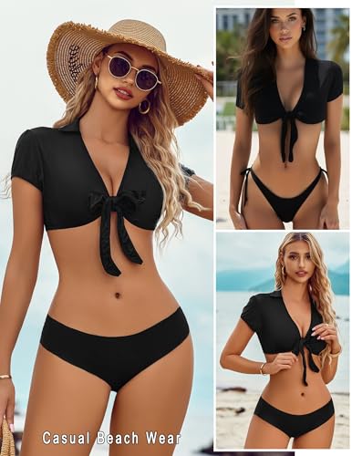 Image of Avidlove Sexy Tops for Women Tie Front Crop Top Short Sleeve Deep V Neck School Girl Outfit Cosplay Lingerie Rave Top