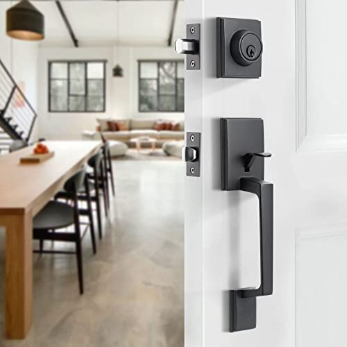 Natsukage Front Door Handle Set Heavy Duty Entry Door Lock Set Matte Black Entrance Handle Set including Lock