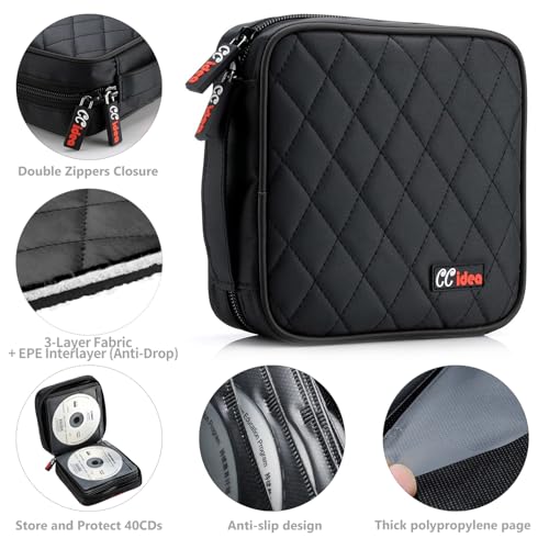CCidea 40 Capacity CD or DVD Case Holder Portable Wallet Disc Storage Binder Nylon CD Bag for Car, Home, Office and Travel Carrying Protector Organizer (Black)