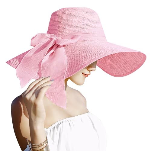 Lanzom Womens 5.5 Inches Big Bowknot Straw Hat Large Floppy Foldable Roll up Beach Cap Sun Hat UPF 50+One size(Pink)