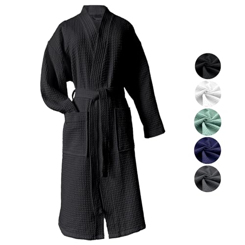 heimtexland ® Bademantel Waffelpique Reisebademantel Saunamantel 100% Baumwolle Oekotex leicht schnelltrocknend hautfreundlich für Damen und Herren Typ881 Schwarz XL
