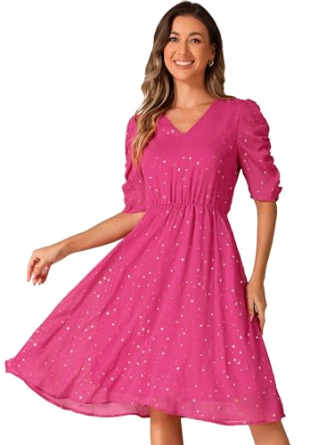 Image of Allegra K Chiffon Dress for Women's Metallic Stars Ruched Sleeve V Neck A-line Dress
