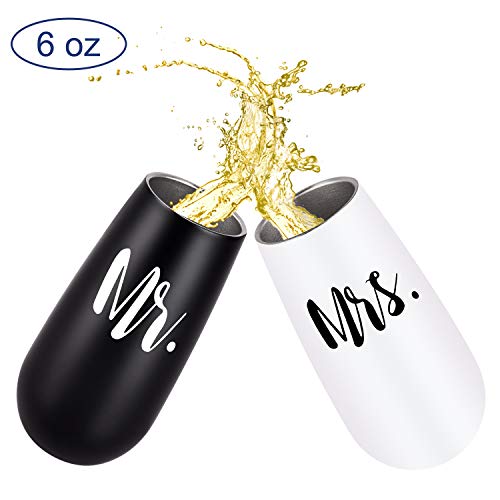 2 Pack Stemless Double Insulated Champagne Flute Tumbler With Lid, Mr. And Mrs. Wine Gifts For Wedding Engagement, 6 Oz Unbreakable Reusable Cocktail Champagne Toasting Glasses, Black And White #TOP3